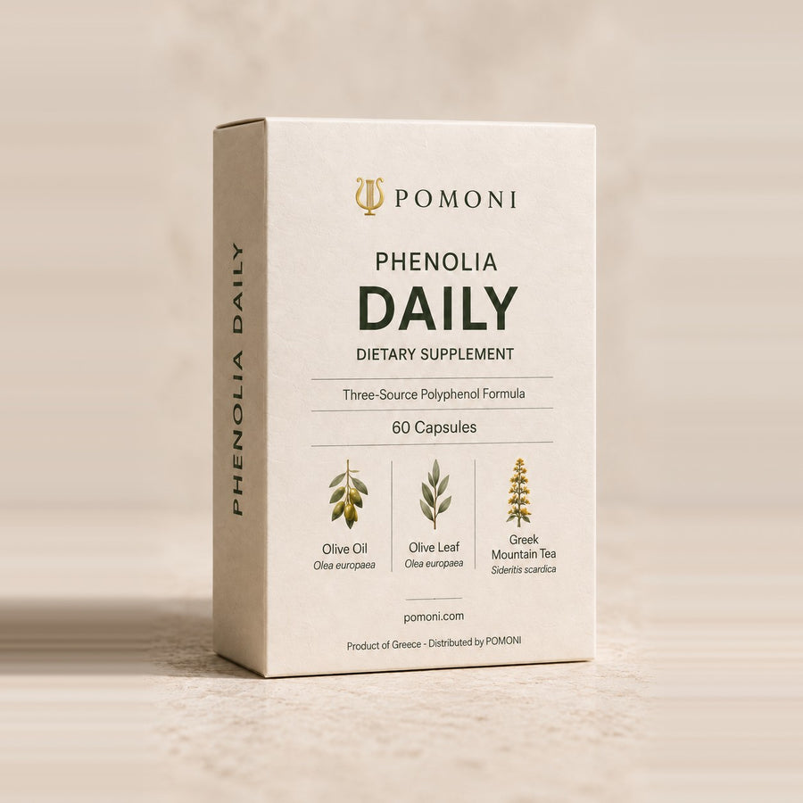 Phenolia Daily by Pomoni, 60-capsule box: olive oil, olive leaf and Greek Mountain Tea