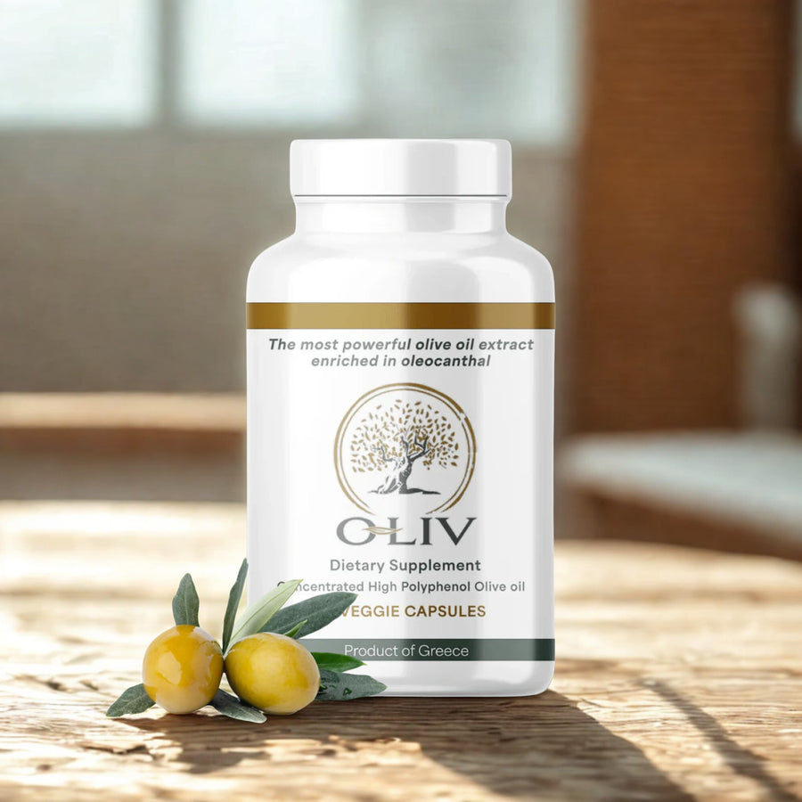 Olive polyphenol supplement capsules in the original O-Liv bottle, styled on a wooden table with fresh green olives