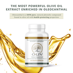Olive oil extract supplement bottle with a golden olive oil splash, enriched in oleocanthal