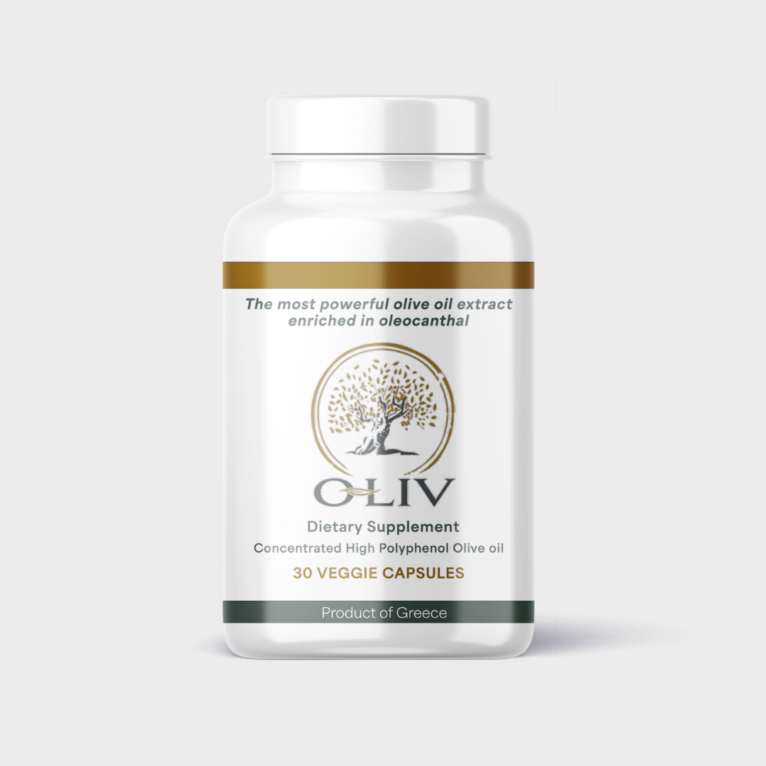 Olive polyphenol supplement bottle, studio front view on a light background