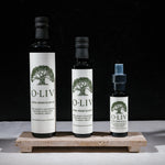 O-Liv high-phenolic Greek olive oil - all three bottle sizes side by side: 500ml, 250ml, and 100ml