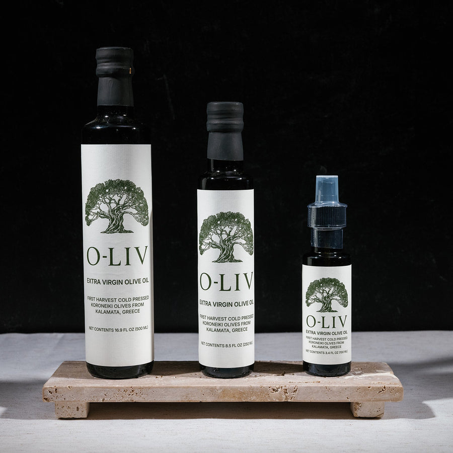O-Liv high-phenolic Greek olive oil - all three bottle sizes side by side: 500ml, 250ml, and 100ml