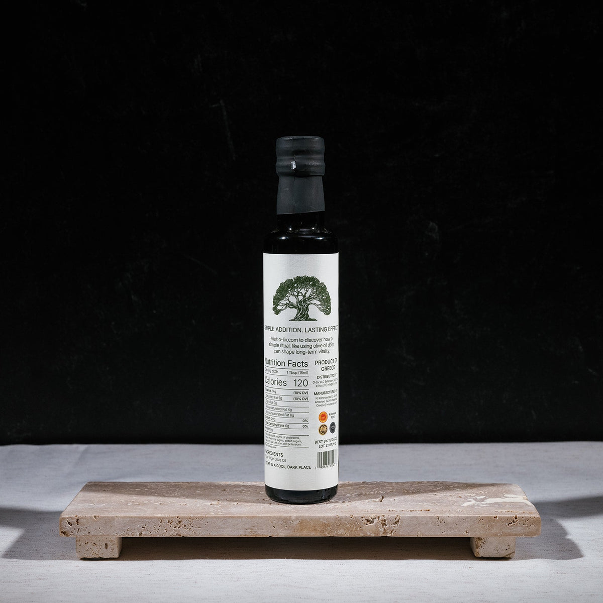 O-Liv high-phenolic olive oil 250ml bottle - back label with nutrition facts
