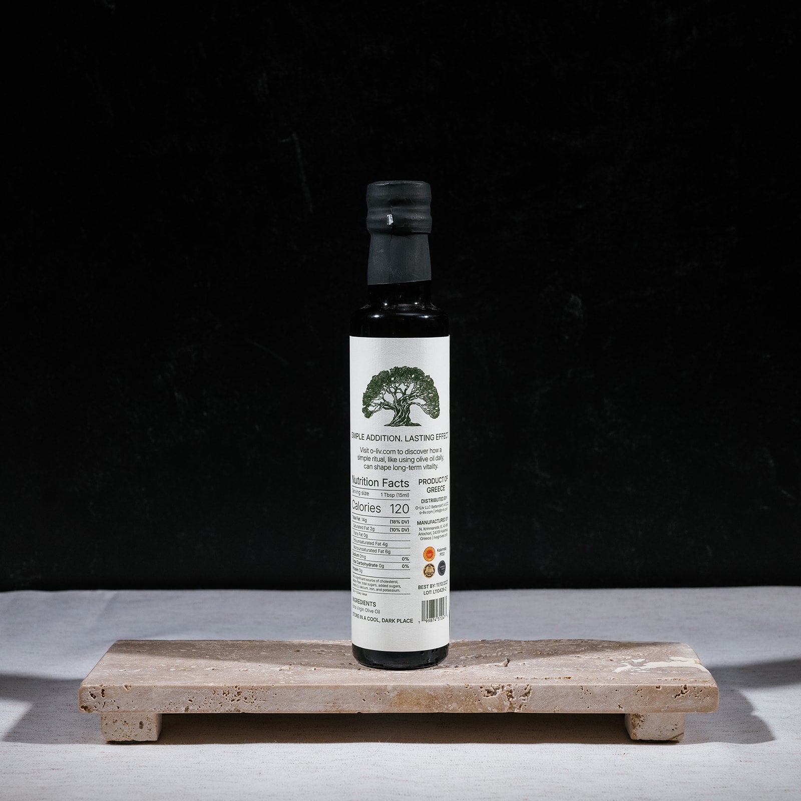 O-Liv high-phenolic olive oil 250ml bottle - back label with nutrition facts