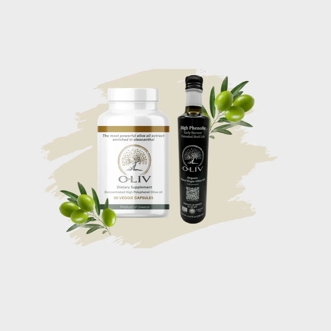 The Daily Duo: Phenolia olive polyphenol capsules and O-Liv high-phenolic Greek olive oil with fresh olive branches